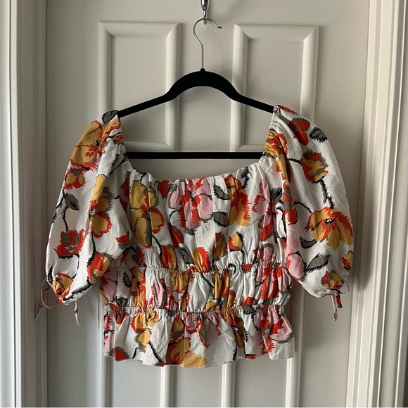 NWOT Moon River Floral Puff Sleeve Linen Top - Picture 5 of 7